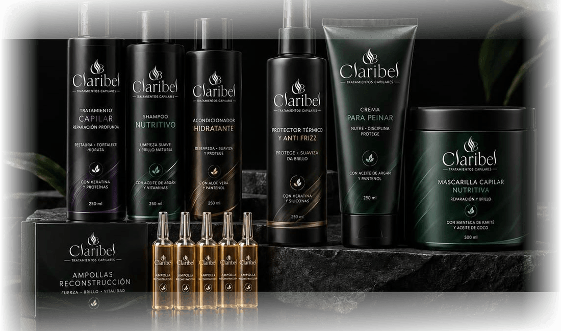 Línea completa Claribel: tratamiento capilar, shampoo nutritivo, acondicionador hidratante, protector térmico y anti frizz, crema para peinar, mascarilla capilar nutritiva y ampollas de reconstrucción